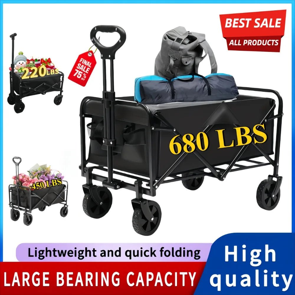 Capacity Heavy-Duty All-Terrain Folding Cart - Stainless Steel Frame and Foldable Multi-Purpose Wagon for Camping, -